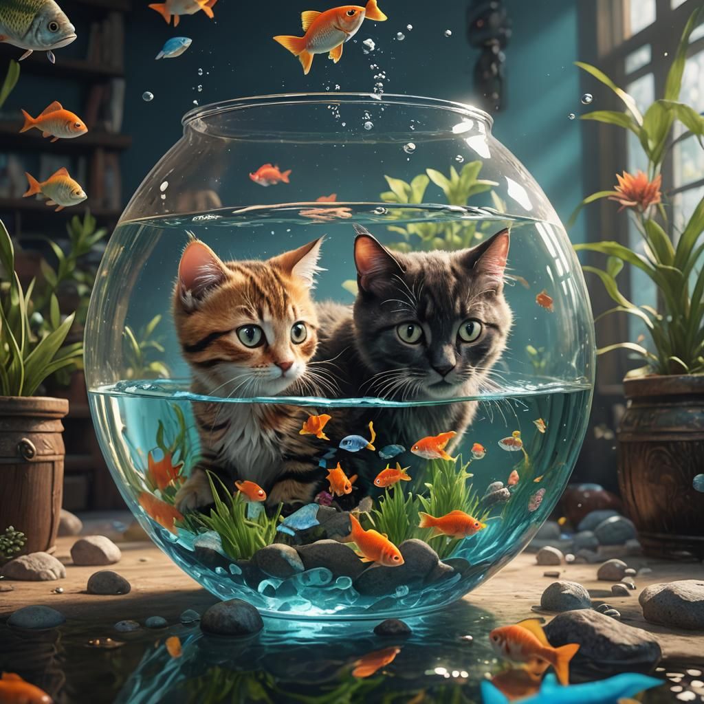 Fish Watches Kitten Swim: Detailed Matte Painting