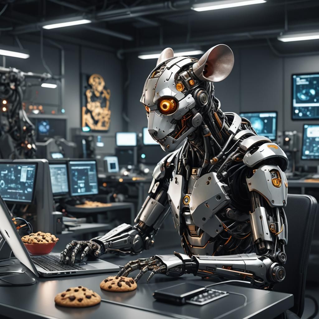 Cyborg Mouse Hacker in Futuristic Tech Room