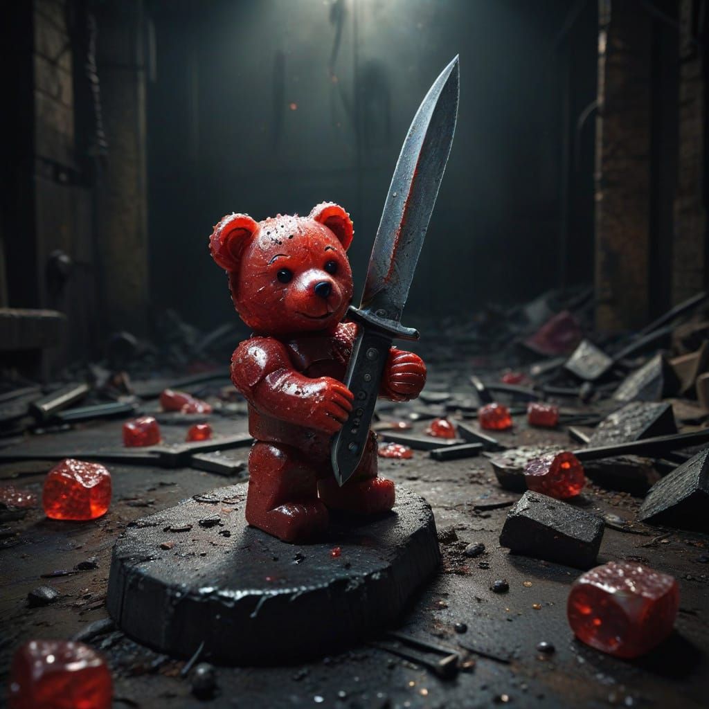 Gritty Industrial Bowie Knife with Tacky Red Gummy Bear Hand...