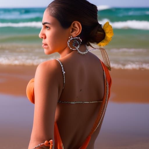 Latina Woman in Orange Bikini on Beach