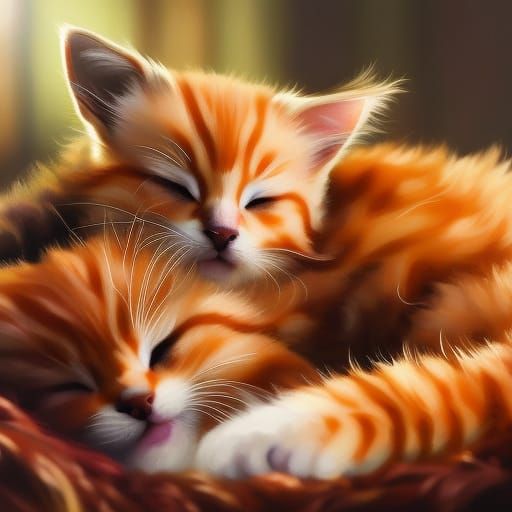 Sleeping Fluffy Kittens in Detailed Oil Painting