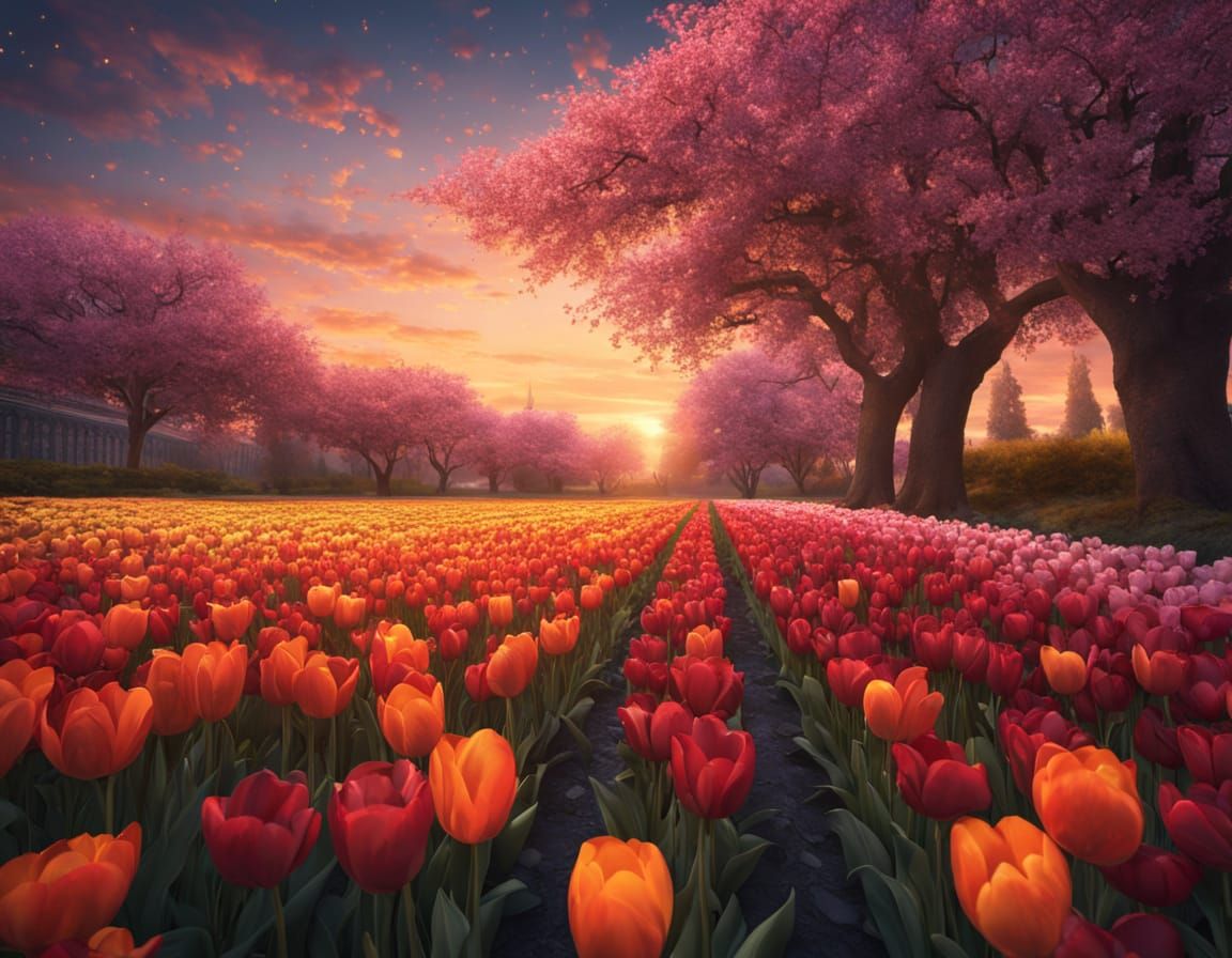 Tulip Field with Cherry Blossom Tree at Twilight