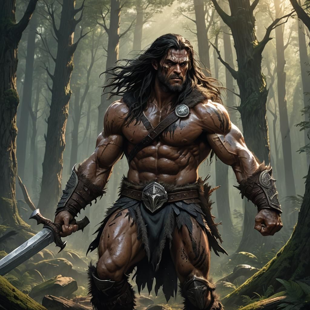 Barbarian Resists Magic in Dark Fantasy Forest