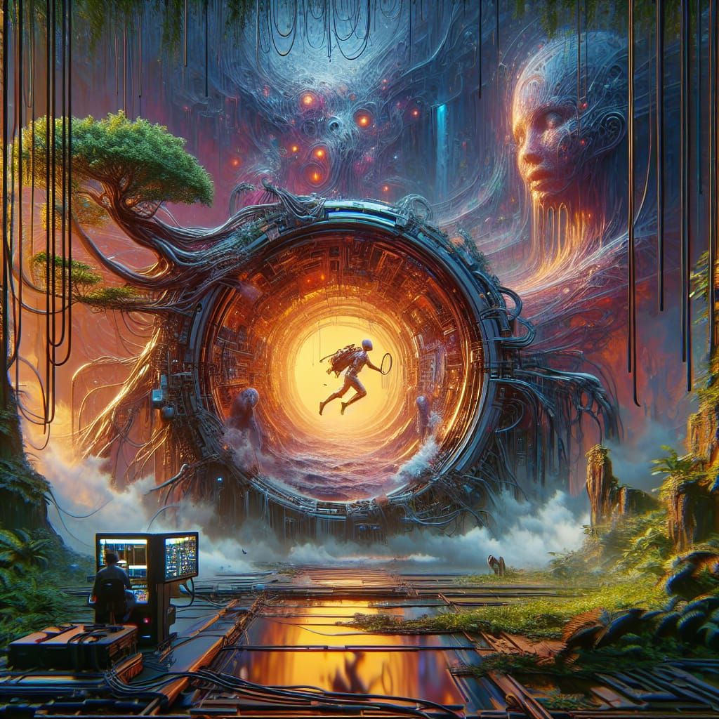 Cyberpunk Explorer Disintegrating in Surreal Jungle Portal