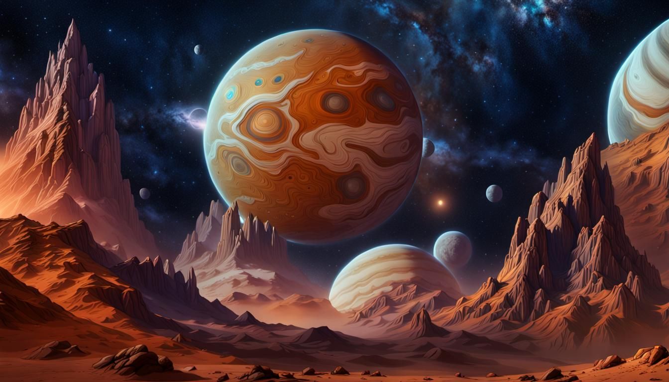 Detailed Matte Painting of Jupiter Moons in Deep Color