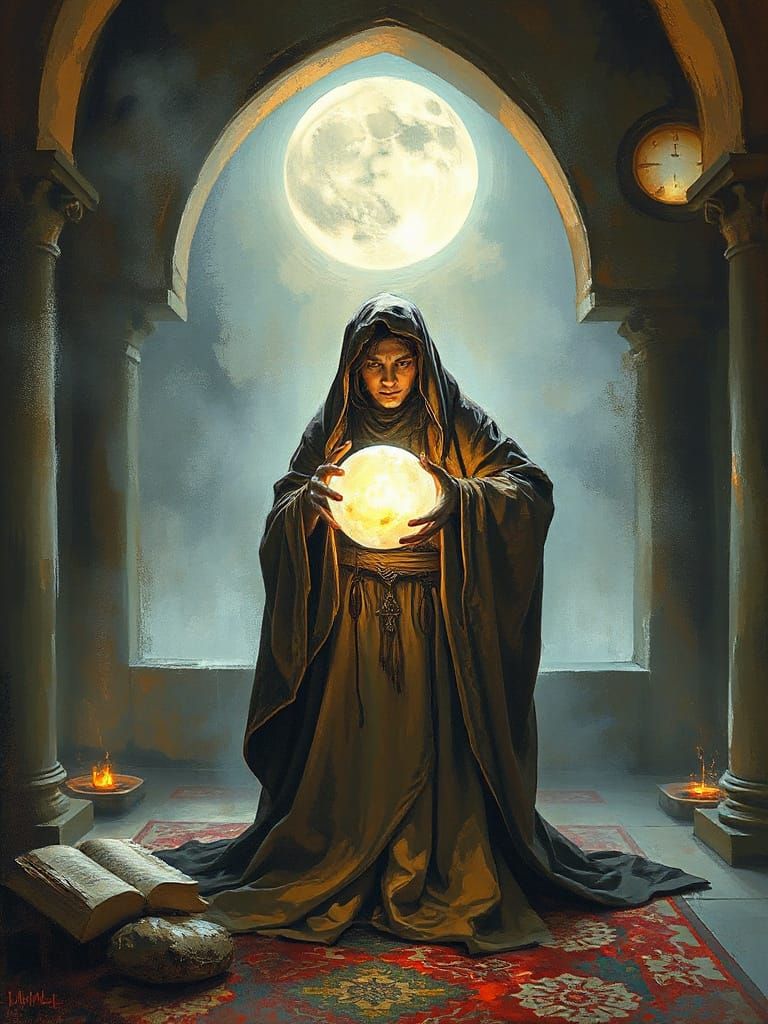 Enigmatic seer, draped in flowing robes, holding crystal ball inside a mystical Moonlit temple, surrounded by whispers o...