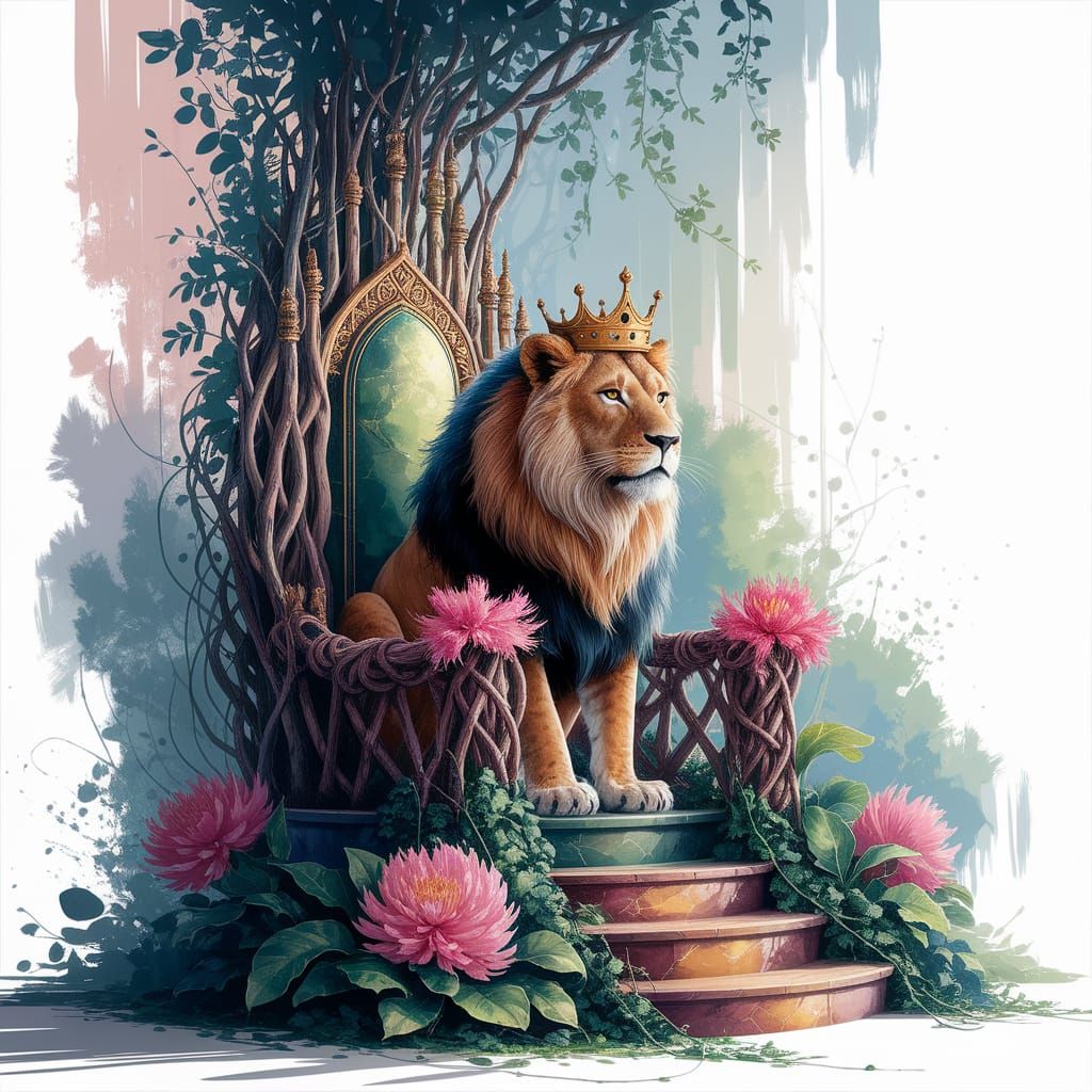 Majestic Lion King on Vine Throne Watercolor
