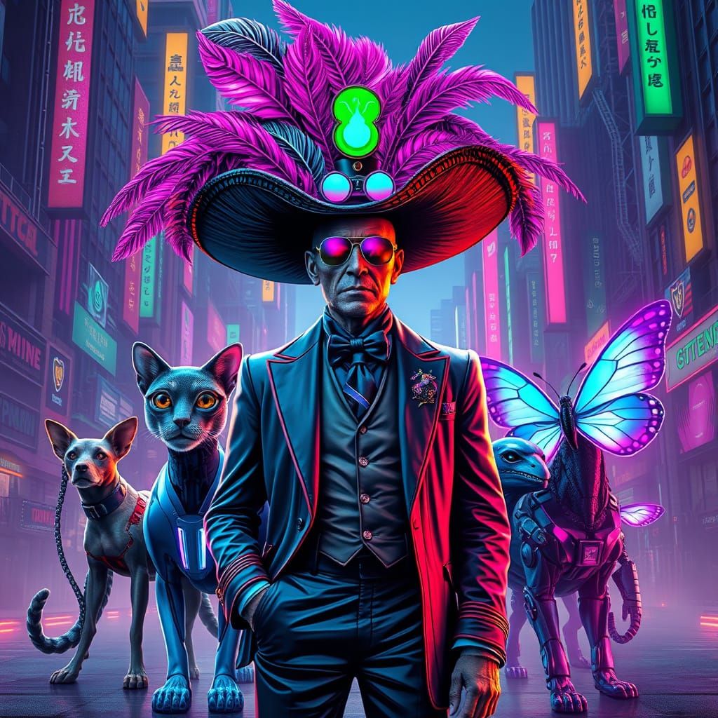 Cyberpunk Gentleman Surrounded by High-Tech Animal Companion...