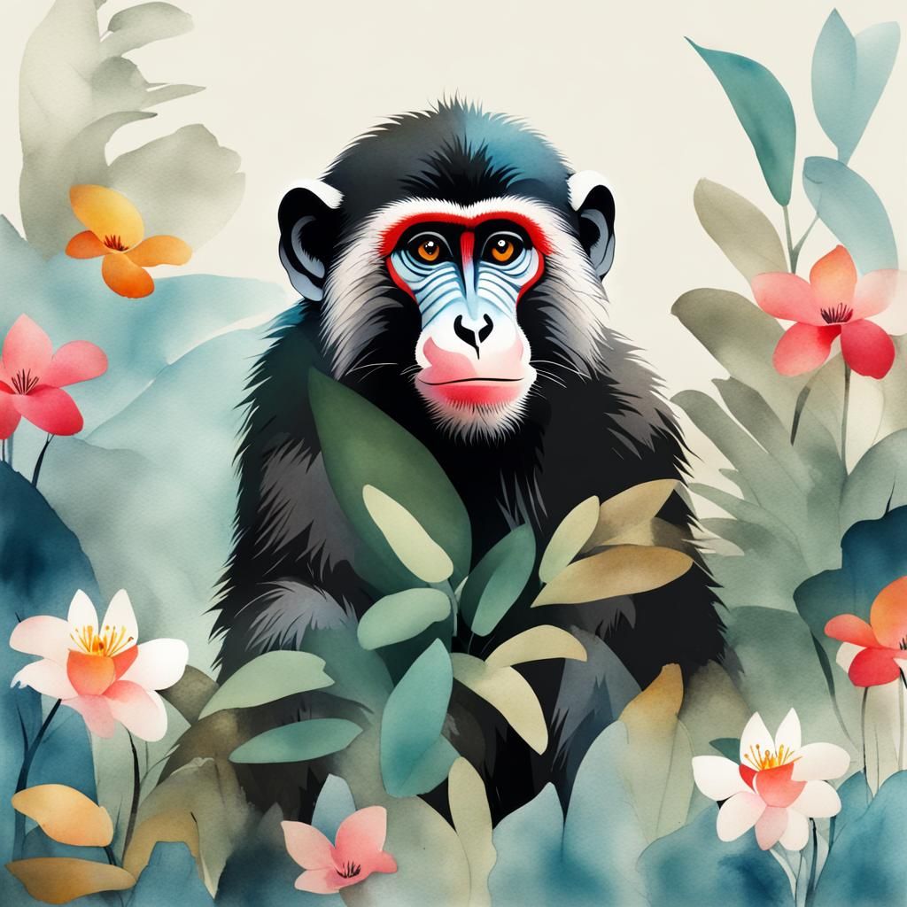 Minimalist Chinese Ink Mandrill in Jungle Flowers