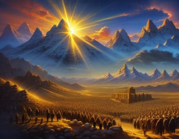 Sunset Behind Towering Peaks in Storybook Style