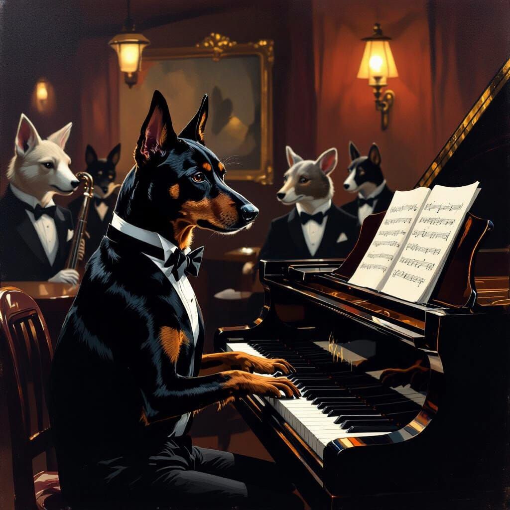 German Pinscher Plays Piano in Dimly Lit Jazz Club