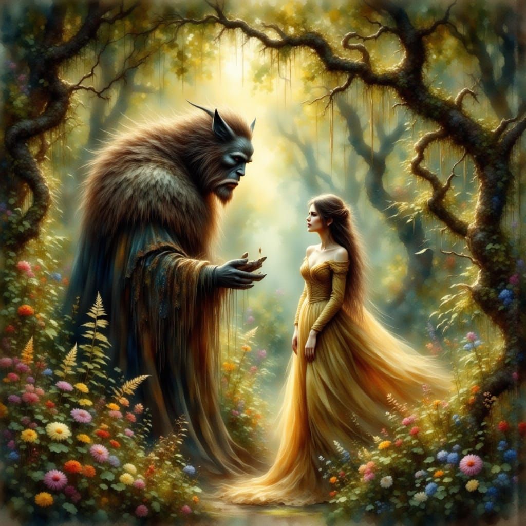 Mystical Forest: Woman and Beast in Love