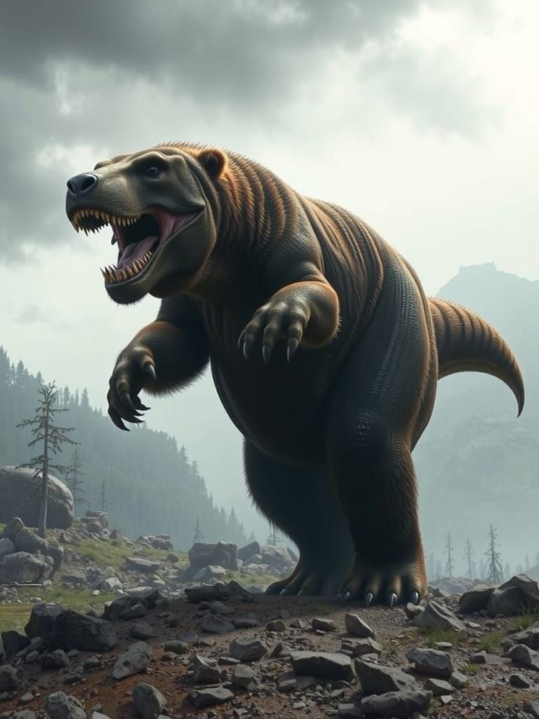 Grizzly Bear-Tyrannosaurus Rex Hybrid in Prehistoric Landsca...