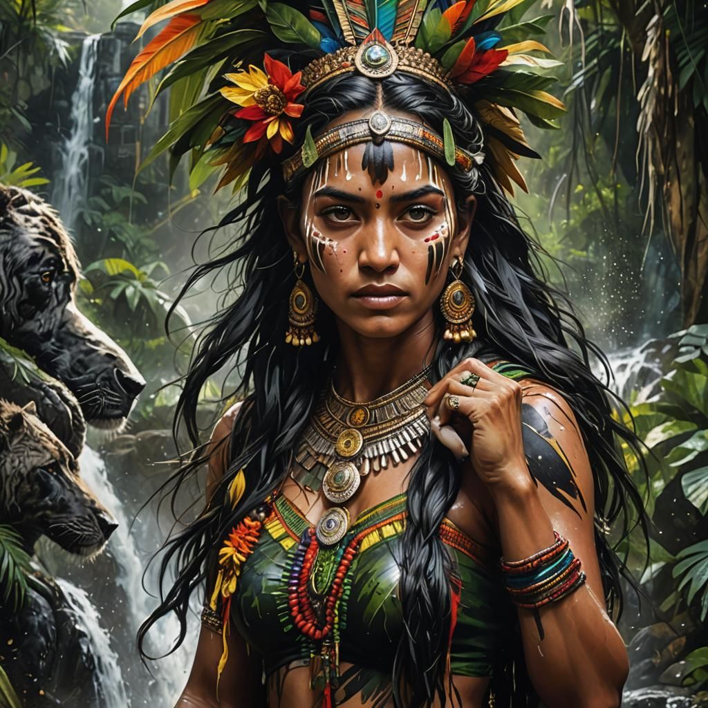 Amazonian Woman in Tropical Waterfall, Splash Art