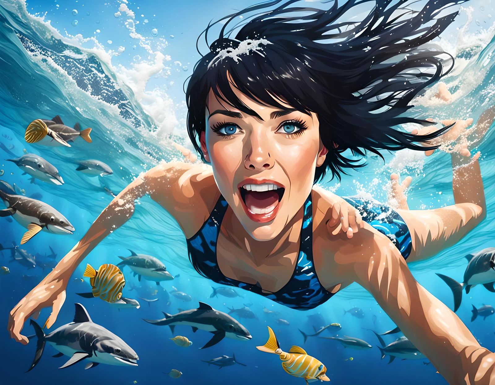 Woman Swimming with Marine Wildlife in Ocean