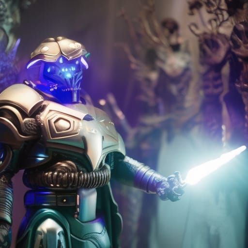 Cyberpunk Soldier in War-Torn Space Armor