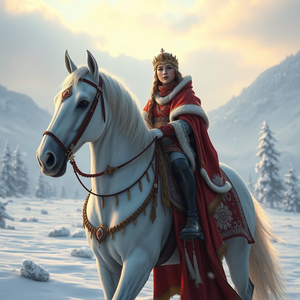 A regal Fairy in Gala Attire and Diamond Jewels Rides a Whit...