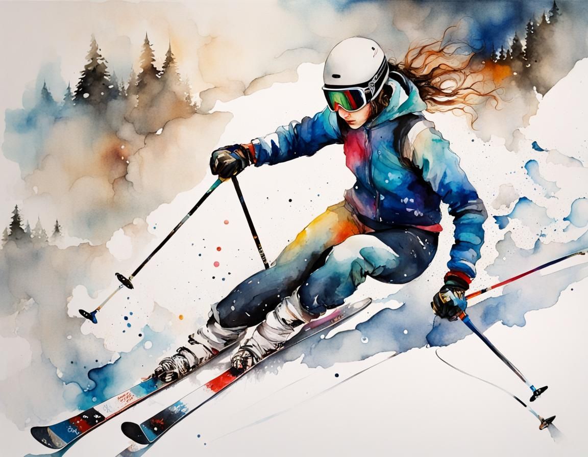 Downhill Skiing Slalom in Alphonse Mucha Style