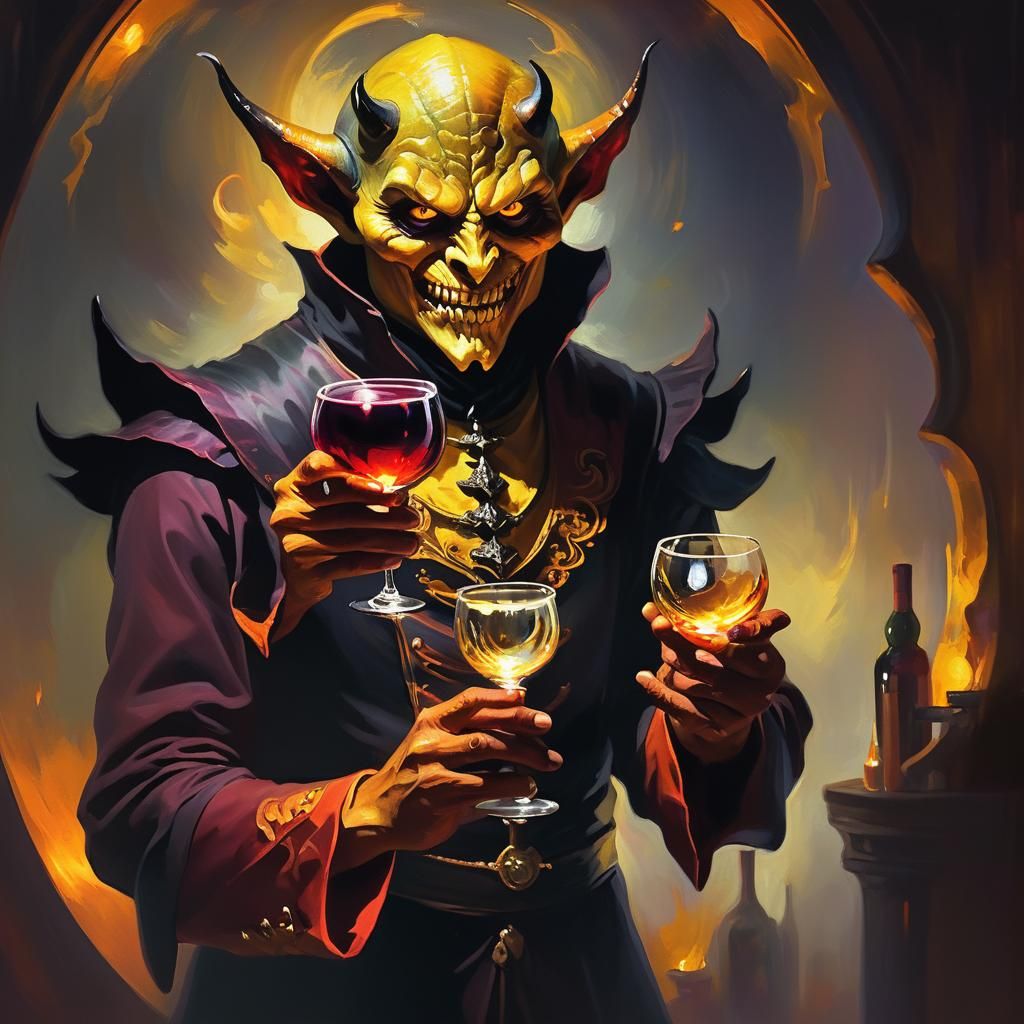 Demonic Servant Offering Wine in Oil Painting Style