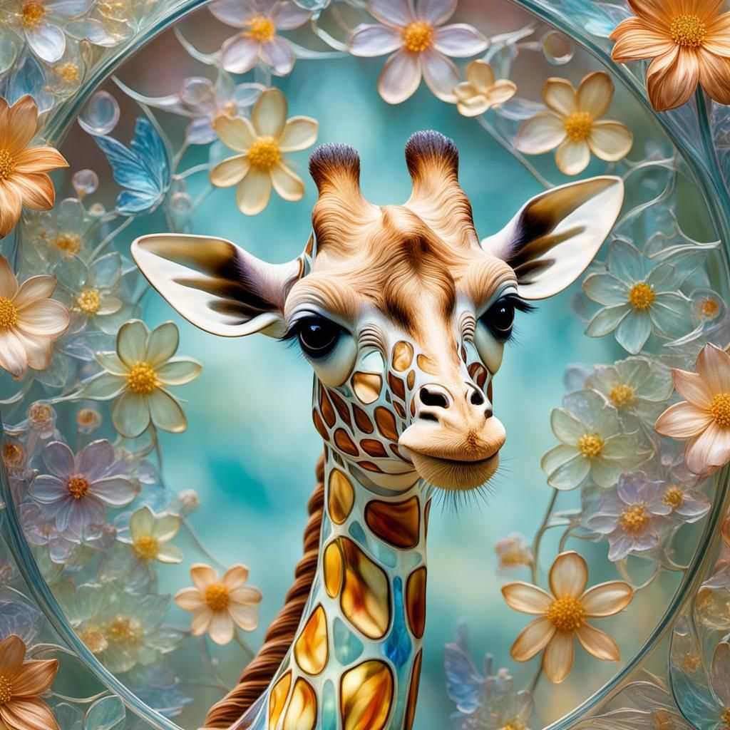 Enameled Glass Giraffe with Fractal Flowers in Art Nouveau S...