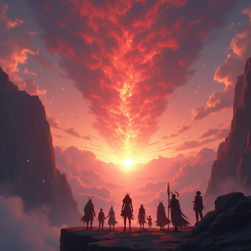 Adventurers at Cliff Edge Facing Fiery Sky Storm