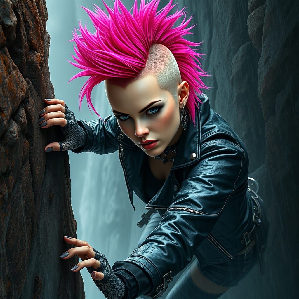 Punk Free Climber in Moody, High-Contrast Lighting