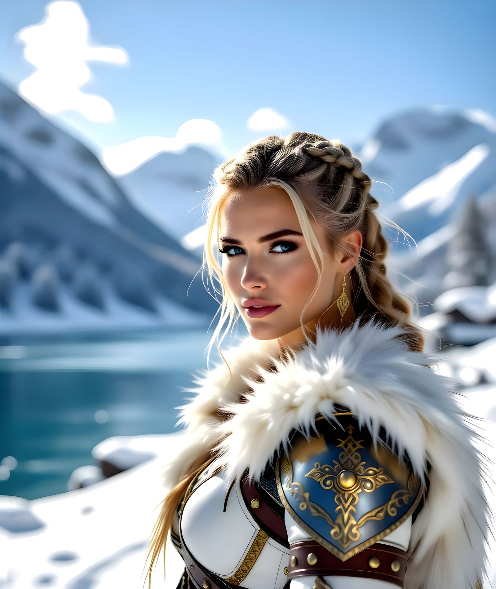 Armored Viking Woman Portrait with Fjord Backdrop