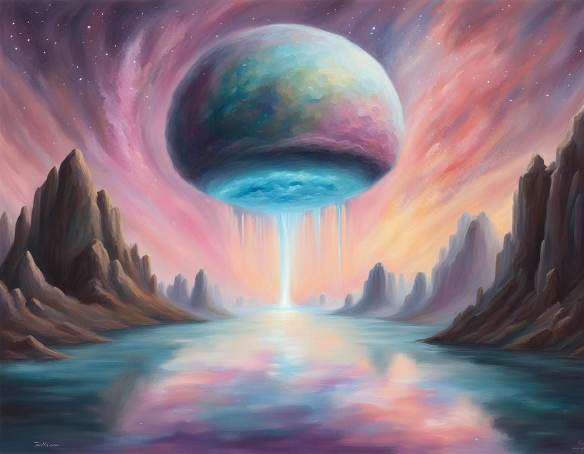 Futuristic Island Floating Through Space, Pastel Art