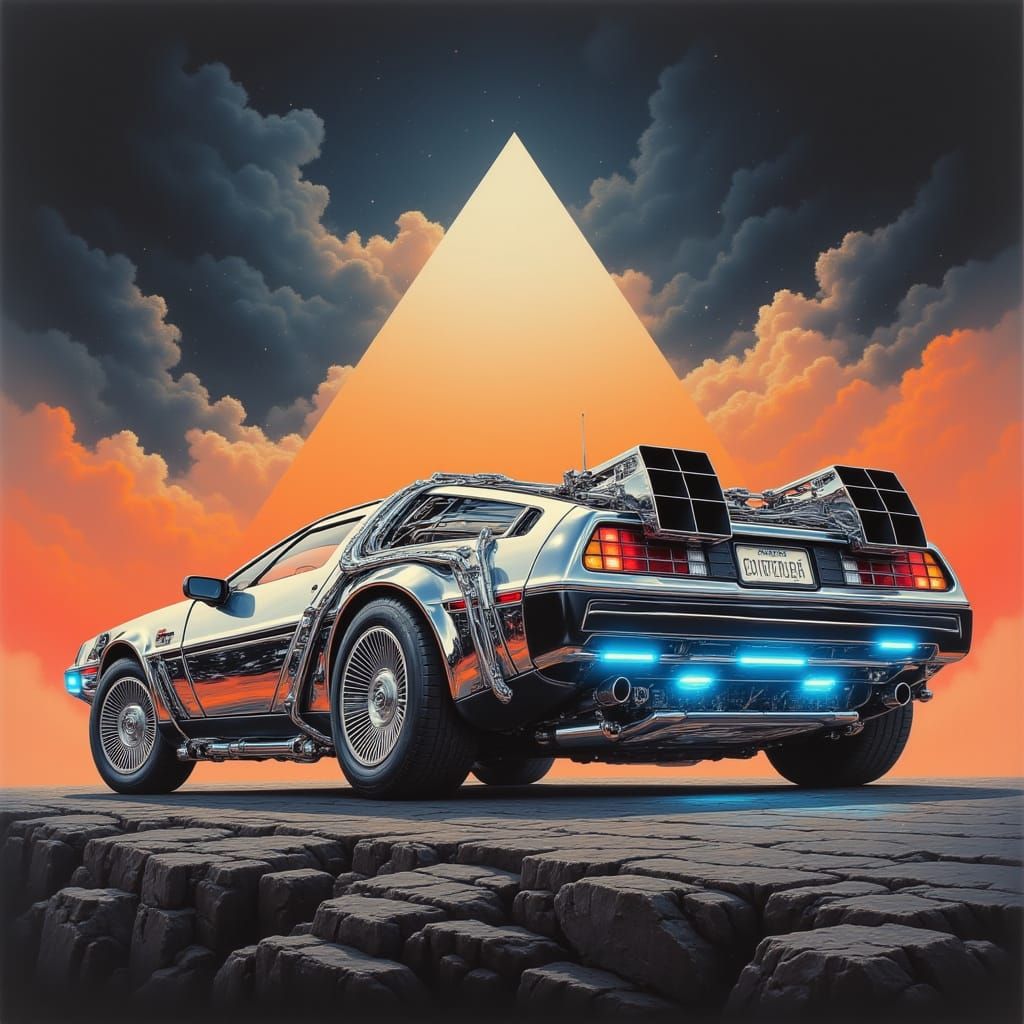 Hyperrealistic Chrome Delorean in Retro-Futuristic Pose