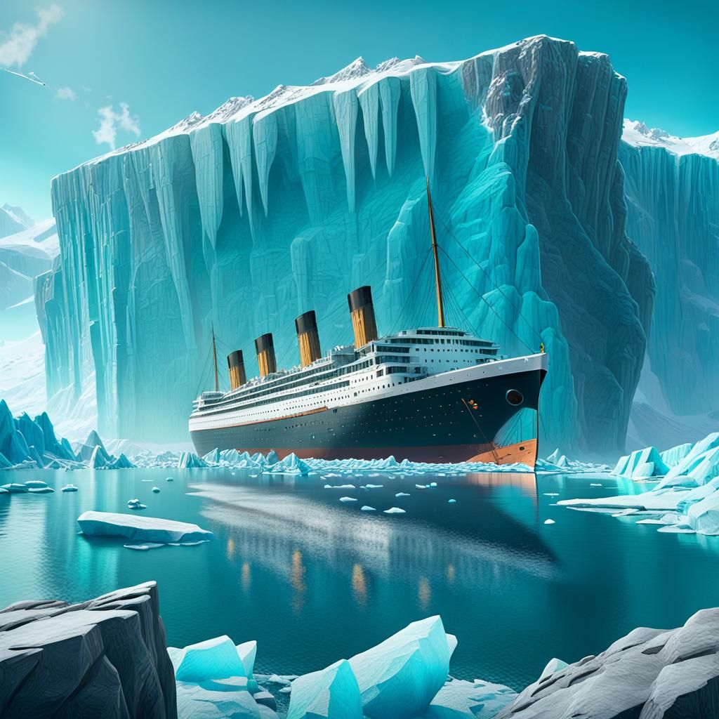 Titanic Amidst Glaciers in Atmospheric Sci-Fi Style