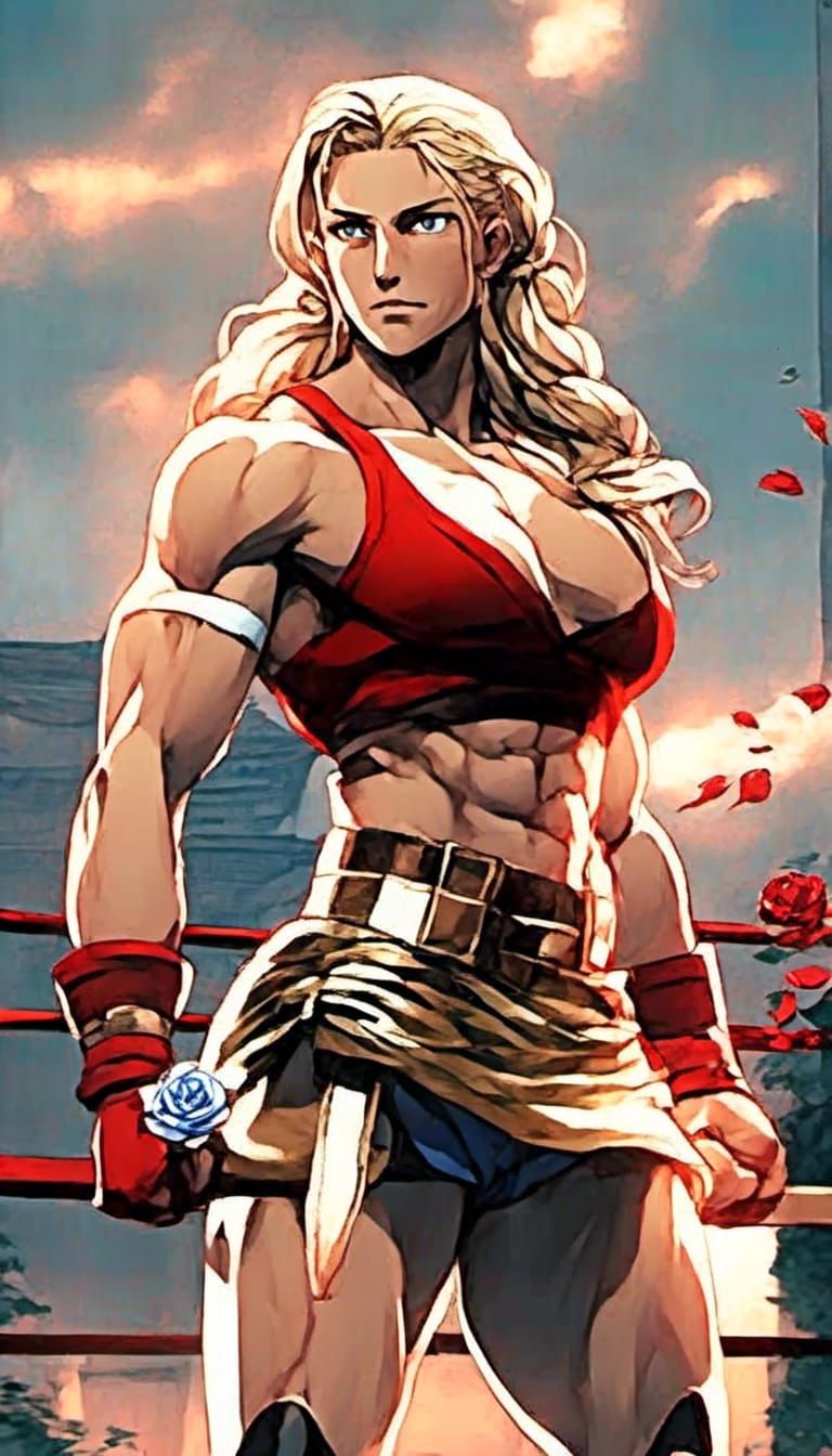 Futuristic Muscle Woman with Rose Sword, Anime Style