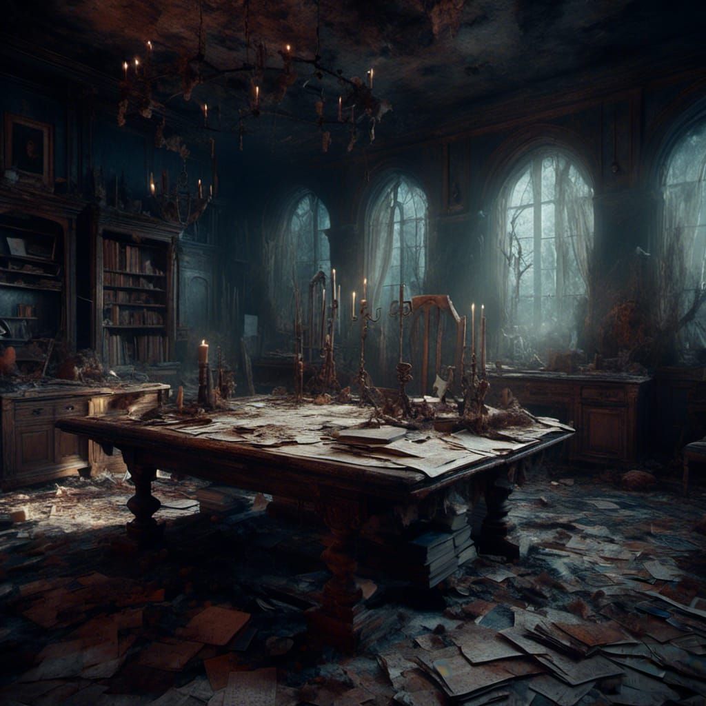 Macabre Research Room with Computer Blueprints