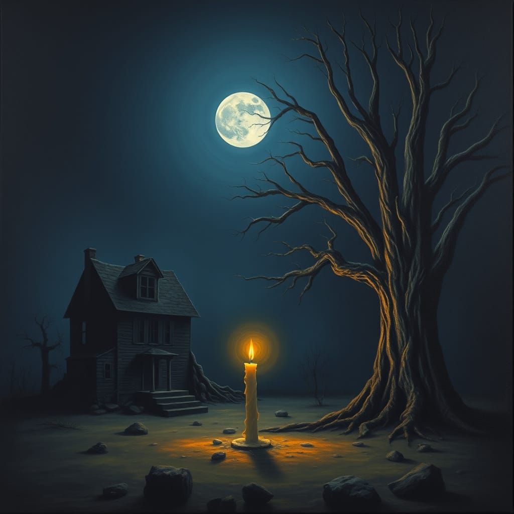 Surreal Tree and House in Cool Moonlight