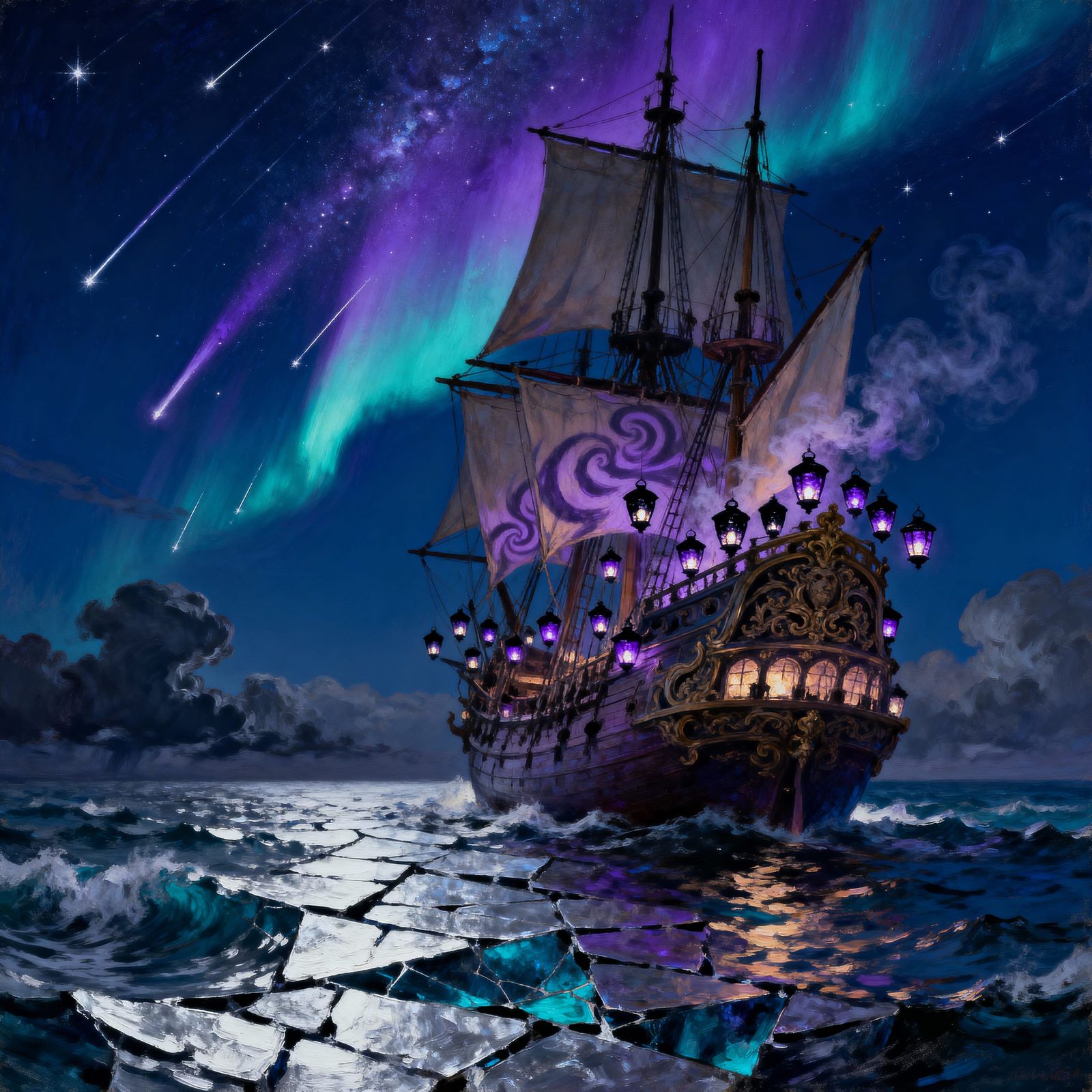 Majestic Ship with Lanterns Under Shooting Stars