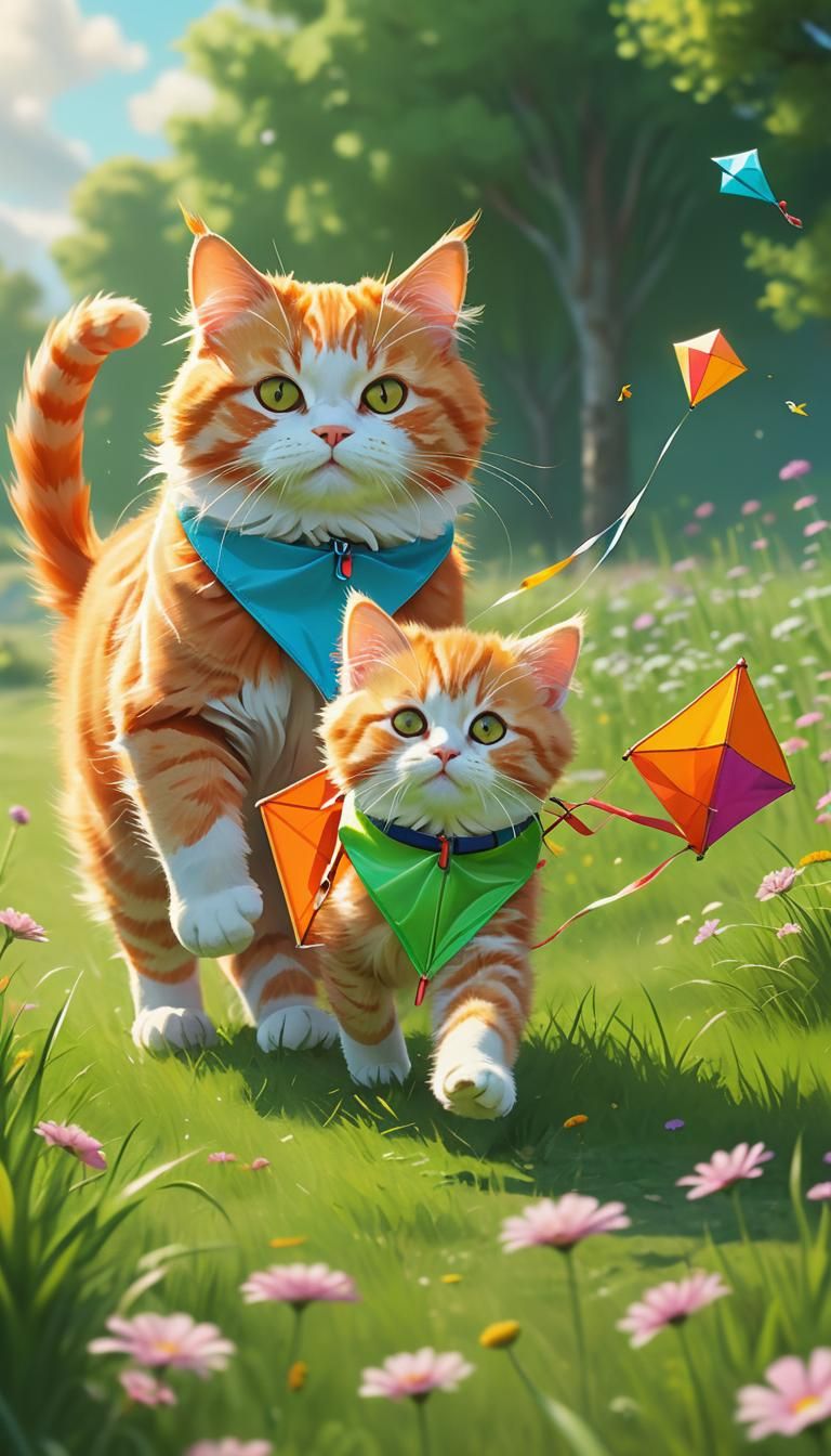 Orange Cat and Kitten Stroll in Meadow