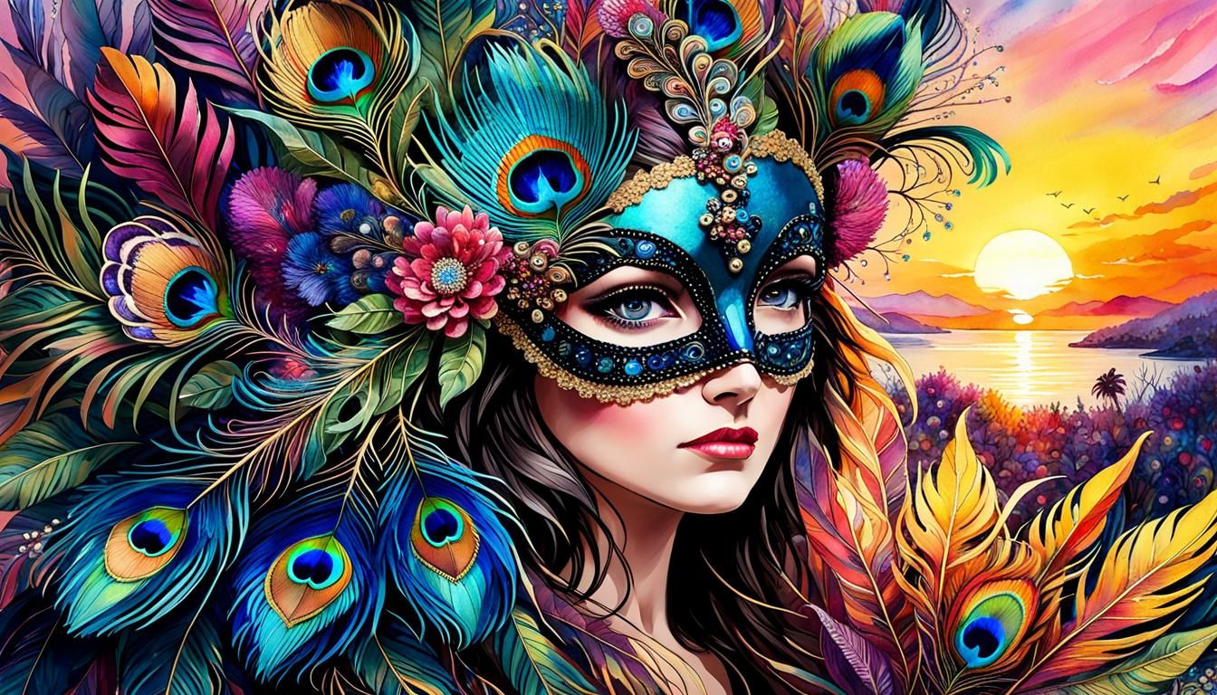 Maximalist Masks with Crystals and Feathers as Watercolor