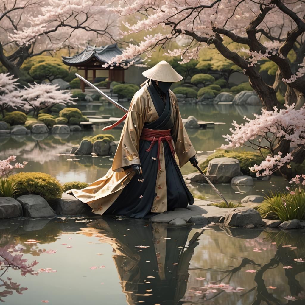 Reaper in Silk Robes in Japanese Garden