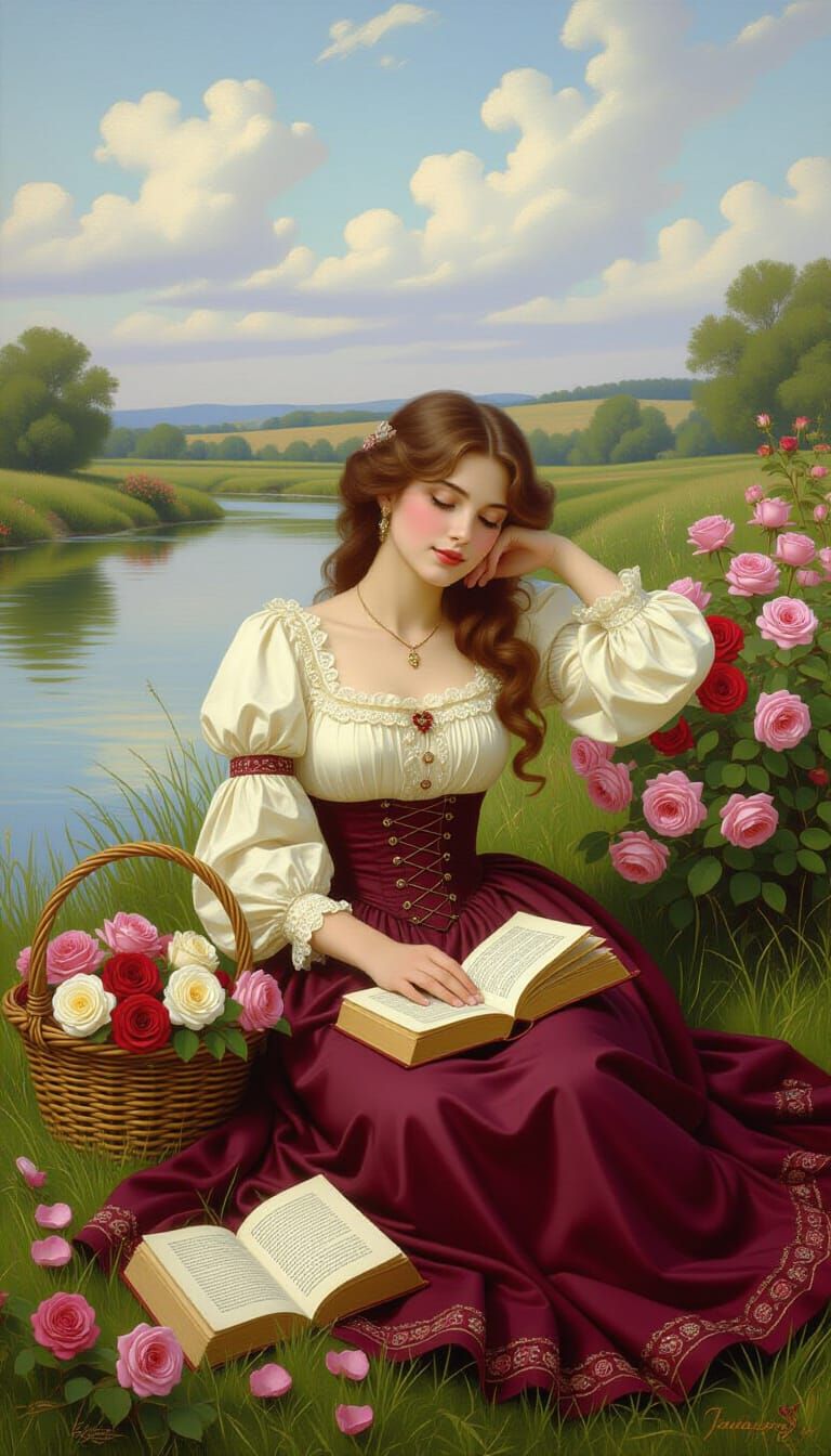 Romantic Riverbank Scene in 19th Century Style