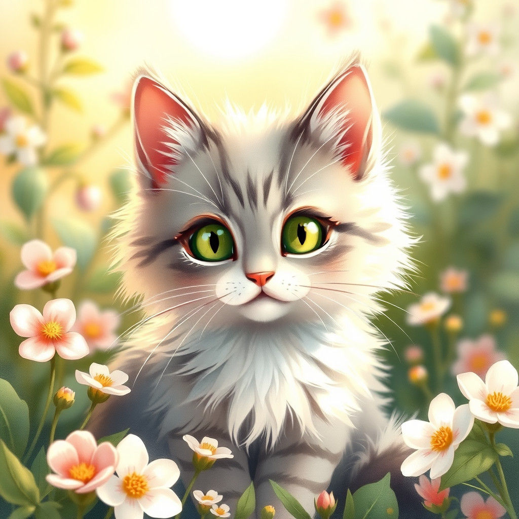 Whimsical Fluffy Cat in Watercolor Style