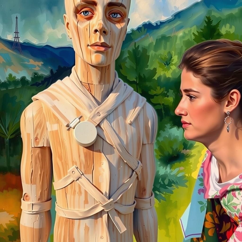 Woman Reproachfully Looks at Wooden Man: Gouache Style