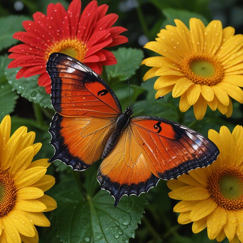 Close-up Photo of Butterfly on Wet Gerbera Daisy