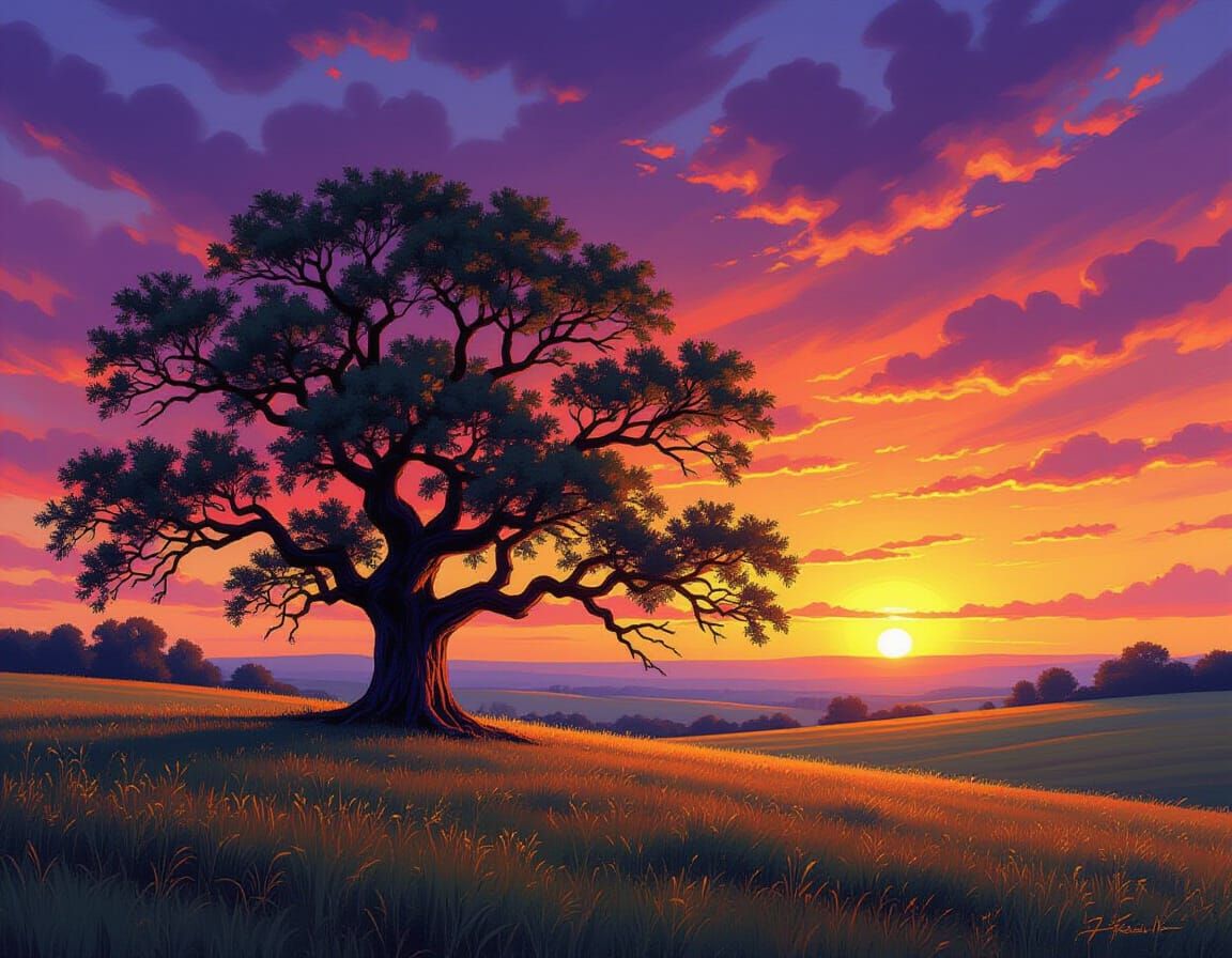 Majestic Ancient Oak Tree in Sunset Meadow