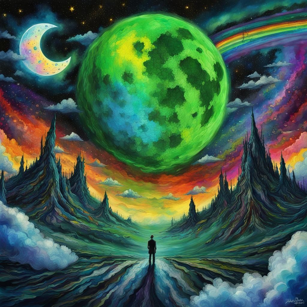 Ethereal Green Day Horror in Space: Maximalist Painting