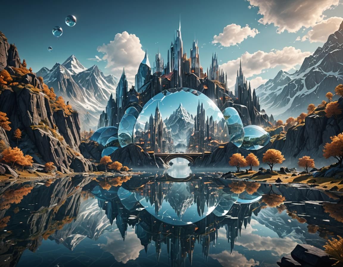 Futuristic Crystal City Reflecting on Mountain Lake