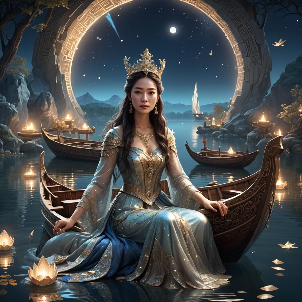 Mystical Lady in Boat on Lake: 3D Art