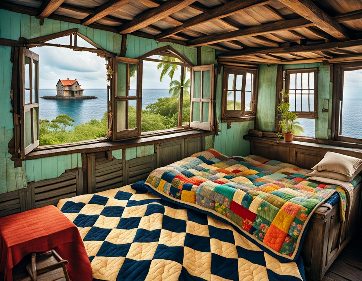 Rickety House on Island with Quilted Texture