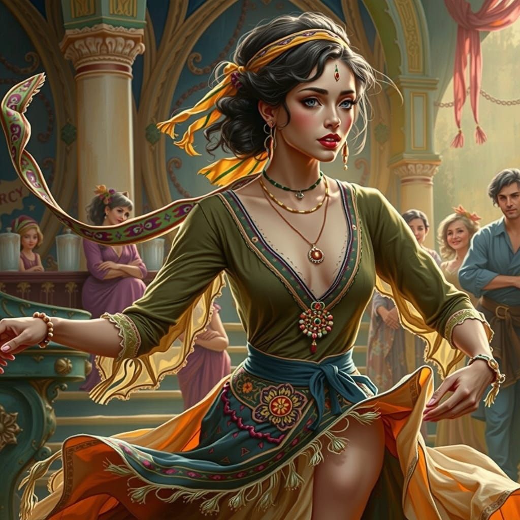 Enchanting Gypsy Dancer in Alphonse Mucha Style