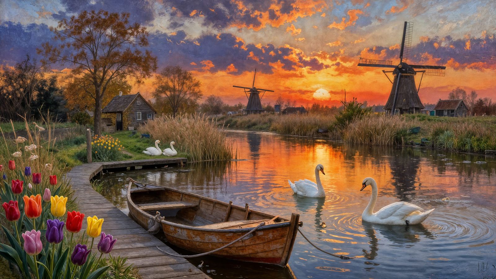 Serene Canal Sunset with Windmills and Swans