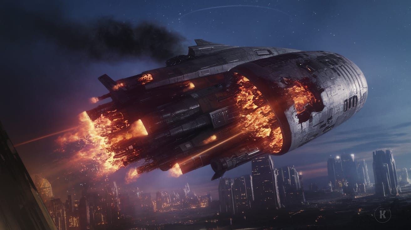 Burning Spacecraft Soars Over Alien Metropolis