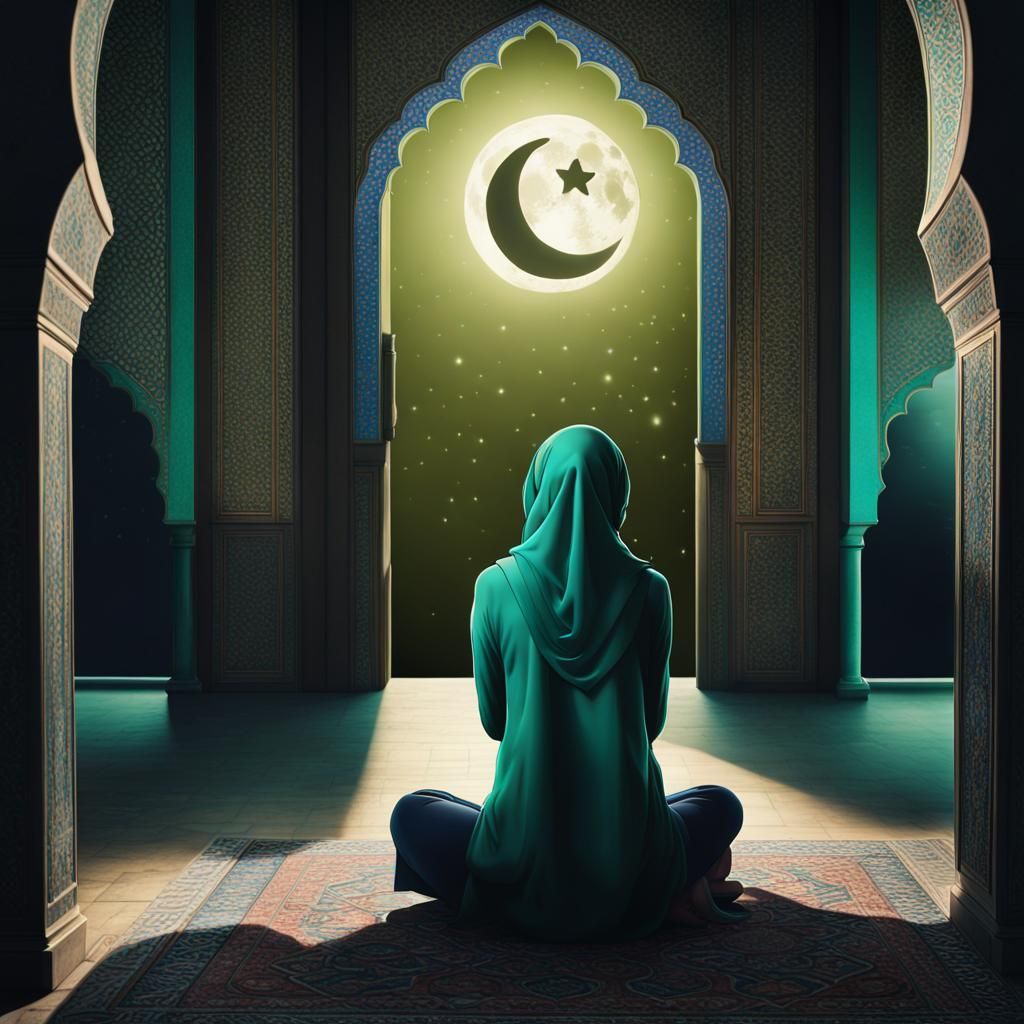 Muslim Woman Praying in Mosque at Night